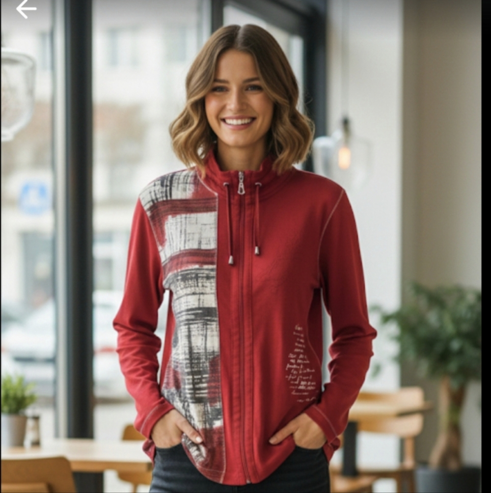 Studio Mode Red Zip-Up Jacket, "Art-to-Wear" Abstract Design,Mock Neck ,Size 2XL